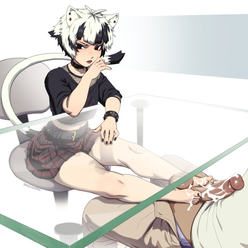 angry animal_ears big_penis black_toenails cum cum_on_feet cum_on_penis feet footjob footjob_under_table oc original original_character penis sandcavern short_hair skirt tail thighs tomboy under_the_table