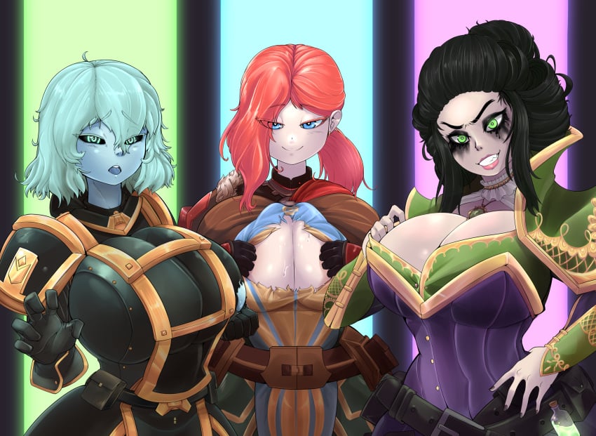 3girls anasteria armor belt black_hair black_sclera blue_eyes blush breasts bridal_gauntlets byscilla capelet cleavage clenched_teeth collar colored_sclera colored_skin cyan_hair dress embarrassed eyeshadow female_focus gauntlets gloves green_eyes grey_skin grim_dawn hair_between_eyes hair_bun hair_over_eyes hair_over_one_eye huge_breasts jewelry korinia kvr large_breasts lips lipstick looking_at_viewer makeup multiple_girls naughty_face necklace open_mouth paizuri_invitation ponytail pouch red_hair ruined_makeup short_hair shoulder_length_hair shoulder_pads smile smug standing sweat teeth tied_hair torn_clothes uniform witch