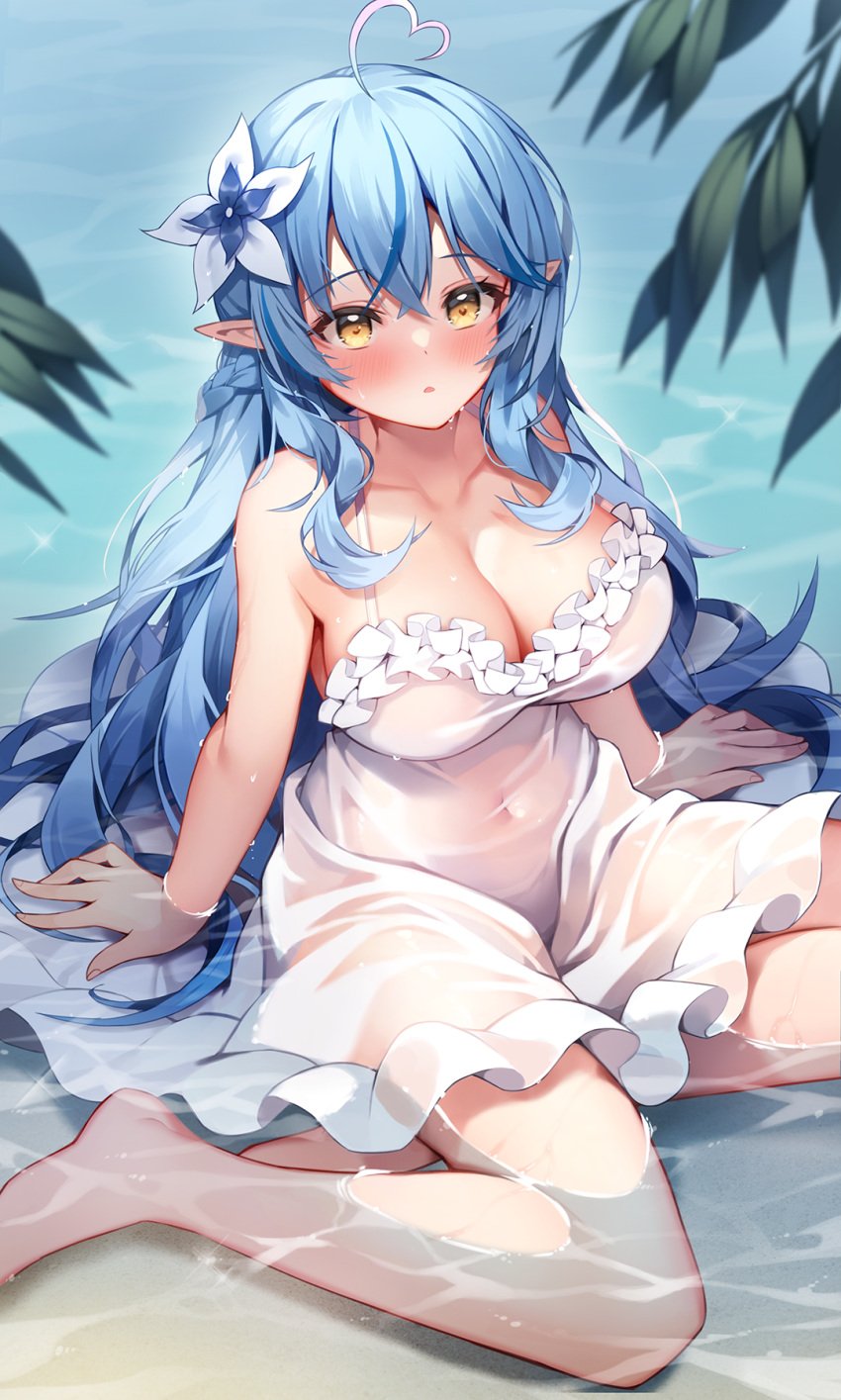 1girls 2022 ahoge bangs bare_arms bare_legs barefoot blue_hair blush braid breasts cleavage covered_navel crossed_bangs dress elf female female_focus female_only flower hair_flower hair_ornament heart heart_ahoge highres hololive hololive_gen_5 hololive_japan large_breasts light-skinned_female light_skin long_hair looking_away multicolored_hair parted_lips pinki_o64 pointy_ears sitting sitting_on_water solo streaked_hair very_long_hair virtual_youtuber water white_dress white_flower yellow_eyes yukihana_lamy