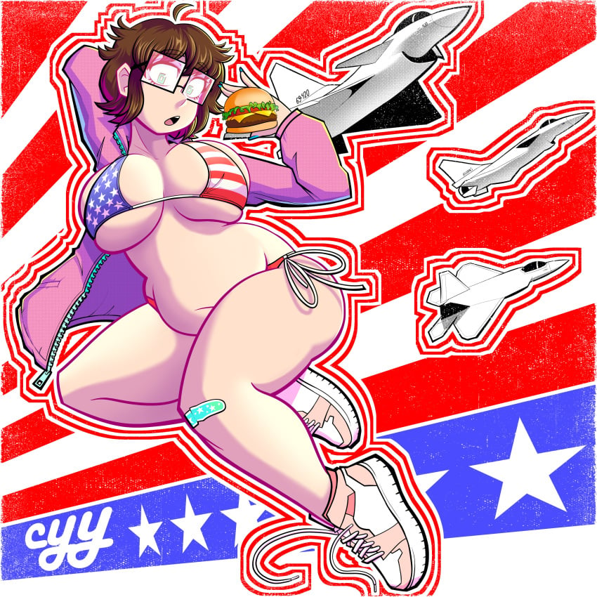 american_flag american_flag_bikini big_breasts bikini breasts brown_hair cyyfapse cyynapse female glasses posing shoes short_hair tagme