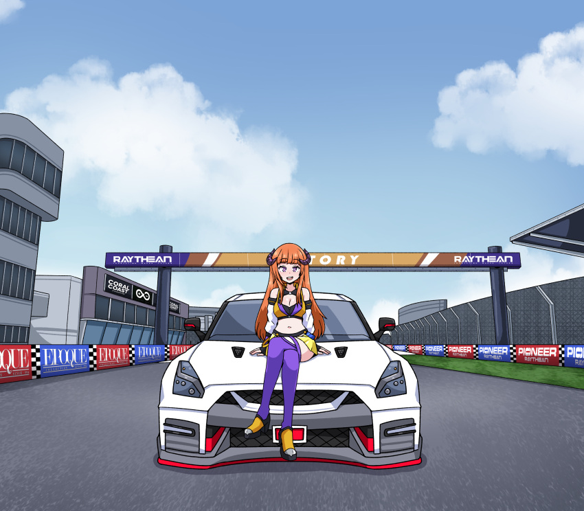 1girls arknights bagpipe_(arknights) bagpipe_(queen_no._1)_(arknights) breasts car cleavage clothing female female_only giantess growth inksgirls long_hair orange_hair race_car solo solo_female thick_thighs