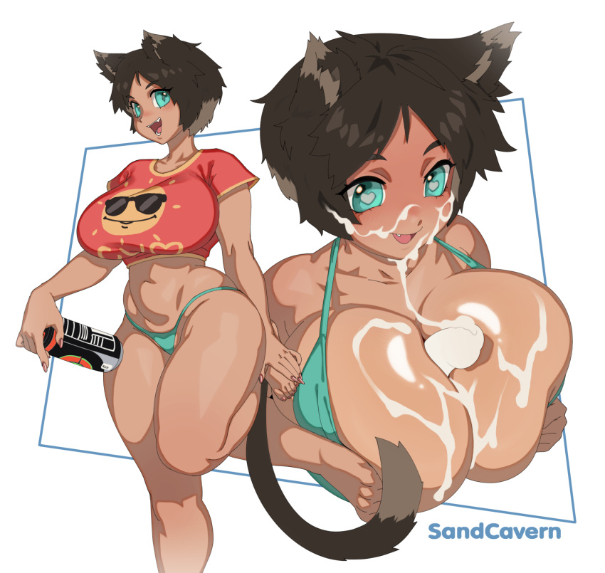 animal_ears big_breasts bra breasts cum cum_on_breasts cum_on_face dark-skinned_female dark_skin feet gigantic_breasts huge_breasts massive_breasts original original_character paizuri penis sandcavern short_hair tail thick_thighs thong wide_hips