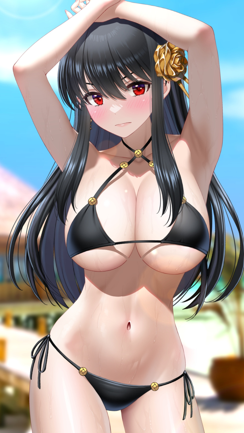 1girls 2022 alternate_version_available armpits arms_up assassin bangs beach bikini black_bikini black_hair blurry blurry_background blush breasts choker cleavage closed_mouth consome2021 contrapposto cowboy_shot criss-cross_halter day depth_of_field eyebrows_behind_hair female female_focus female_human female_only glaring hair_between_eyes hair_ornament halterneck highres houriigurei human large_breasts light-skinned_female long_hair looking_at_viewer mature_female navel o-ring outdoors pale-skinned_female red_eyes side-tie_bikini slim_waist solo solo_female spy_x_family stomach string_bikini swimsuit thorn_princess underboob v-shaped_eyebrows wide_hips yor_briar yor_forger