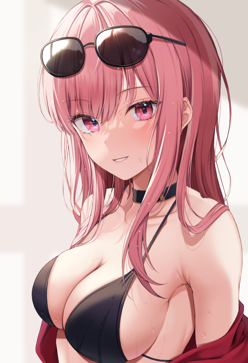 1girls 2022 absurdres armpits bangs bikini black_bikini blush breasts cleavage collarbone eyebrows_behind_hair eyewear_on_head female female_focus female_only hair_between_eyes highres hololive hololive_english hololive_myth large_breasts long_hair looking_at_viewer mori_calliope pink_eyes pink_hair smile solo solo_female sunglasses swimsuit utekiro virtual_youtuber wet