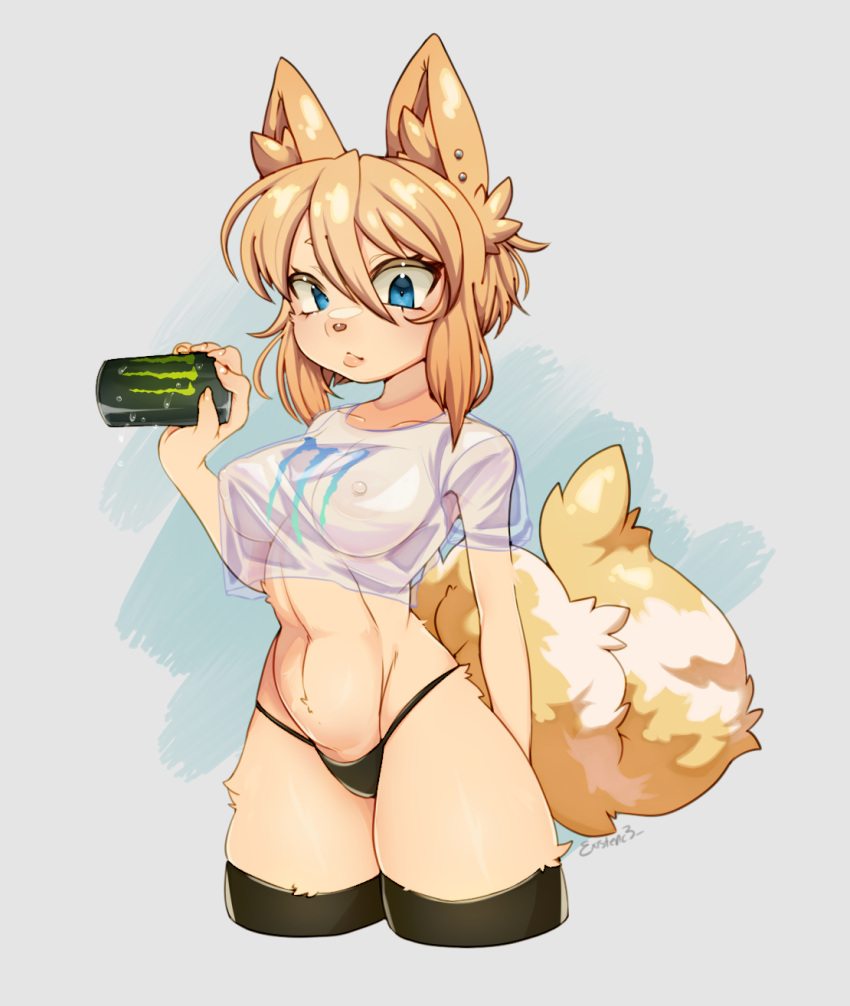 anthro breasts canid canine clothing existenc3 female fur hi_res legwear mammal monster_energy nipples panties shirt solo thighhighs topwear translucent translucent_clothing translucent_topwear underwear yellow_body yellow_fur