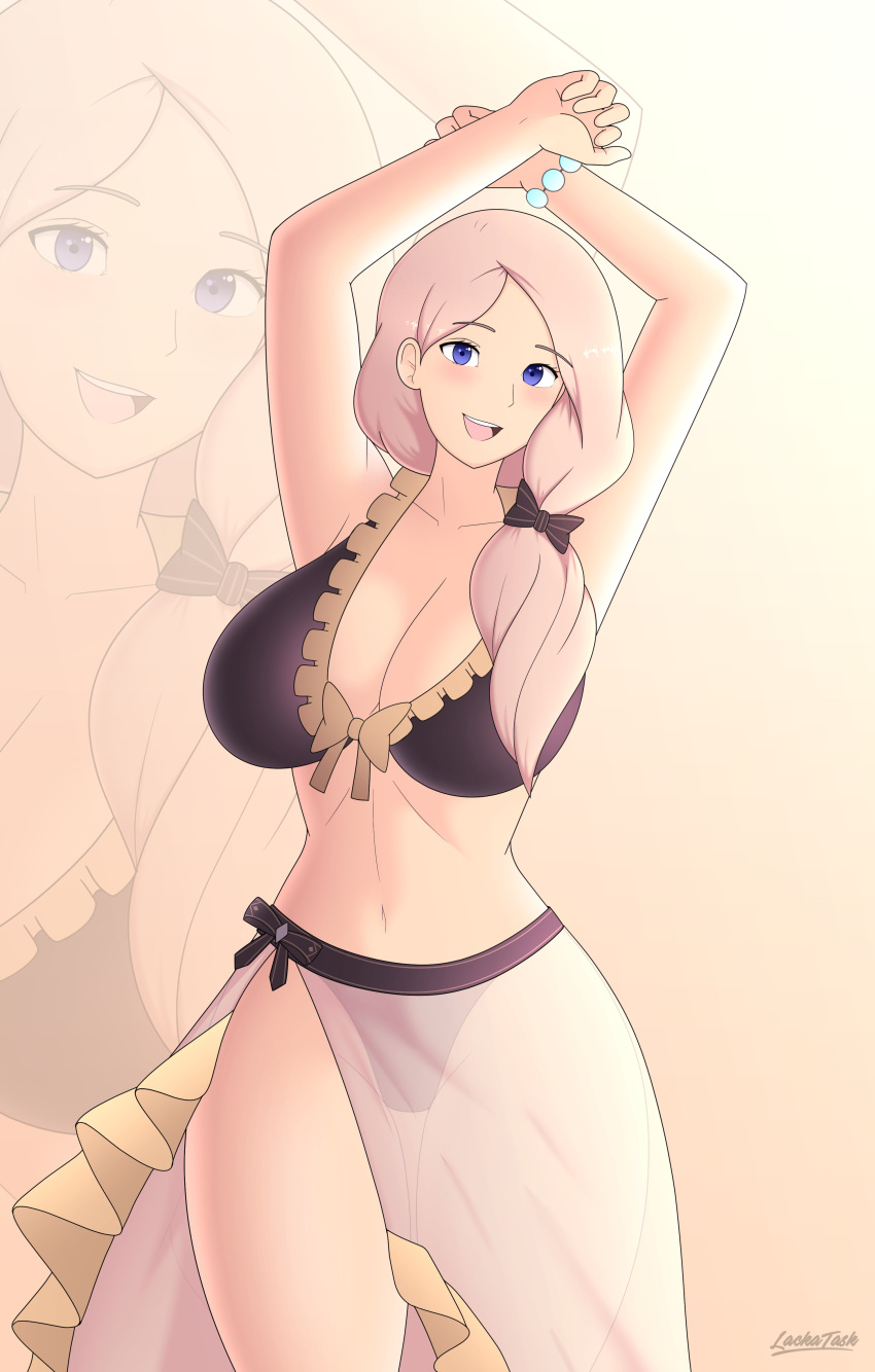 1girls alternate_breast_size alternate_costume alternate_version_available big_breasts bikini black_bikini black_swimsuit breasts cleavage female female_only fire_emblem fire_emblem:_three_houses fire_emblem_heroes hair_over_shoulder huge_breasts lackatask large_breasts long_hair looking_at_viewer mercedes_von_martritz mercedes_von_martritz_(summer) nintendo official_alternate_costume open_mouth sarong side_ponytail solo swimsuit