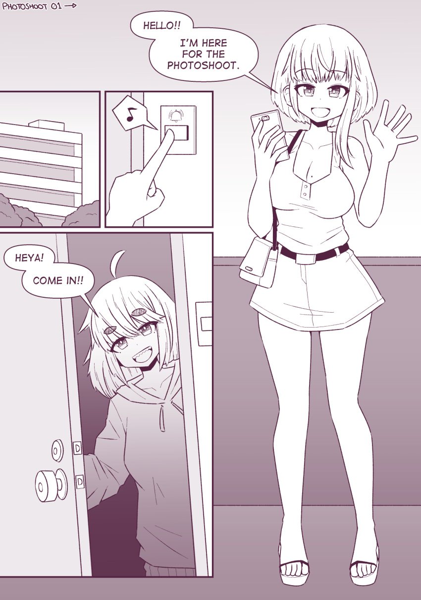 2girls breasts comic comic_page dialogue english english_dialogue female female_only huge_breasts inksgirls monochrome original original_character page_1 short_hair shrinking shrunk shrunken_woman skirt yuri