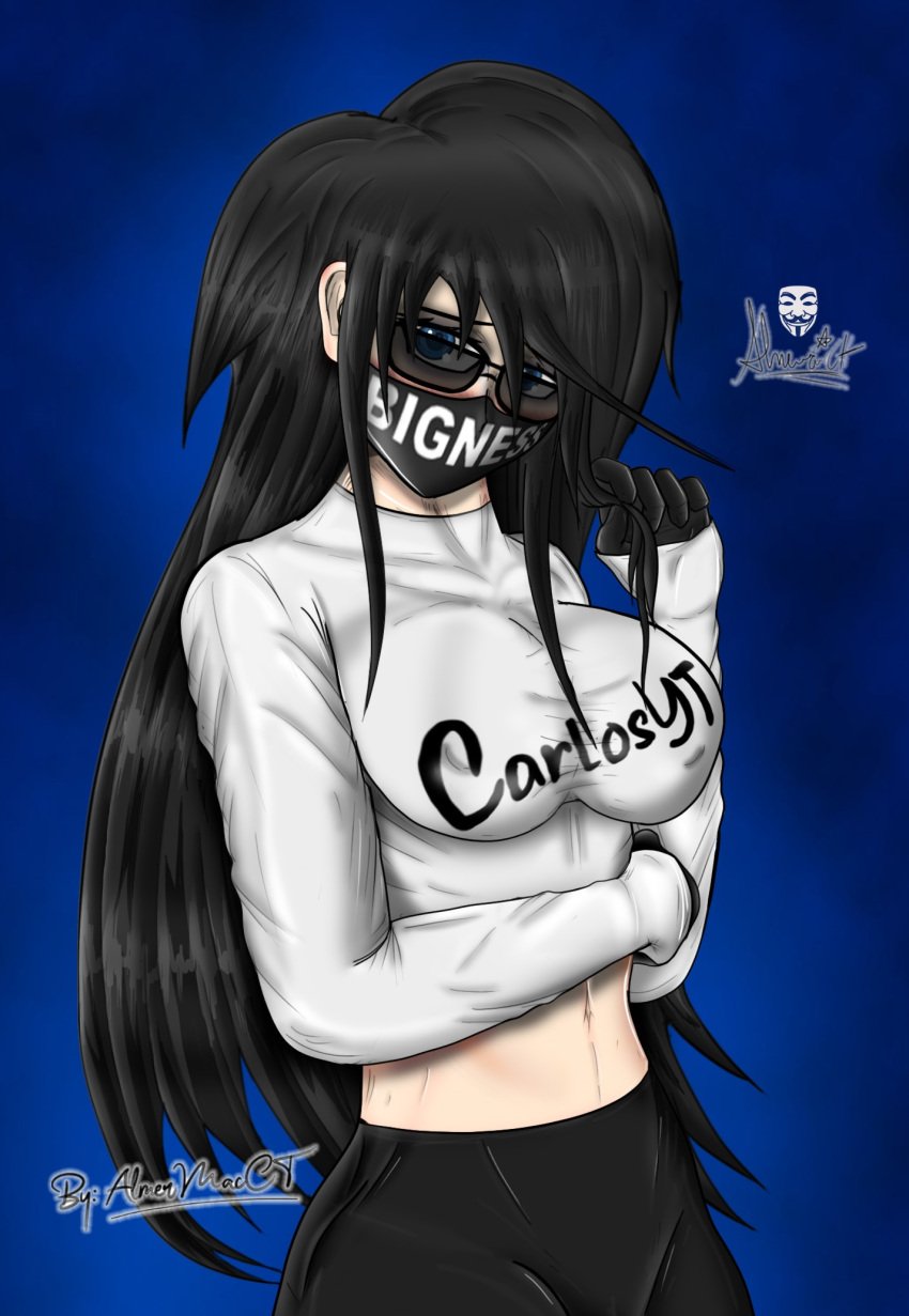 1girls almermacct big_breasts black_hair blue_eyes blush breasts carlos_yt carlosyt clothed_female clothing glasses gloves long_hair loquendo loquendo_youtuber mask masked rule_63 shirt solo solo_female white_shirt