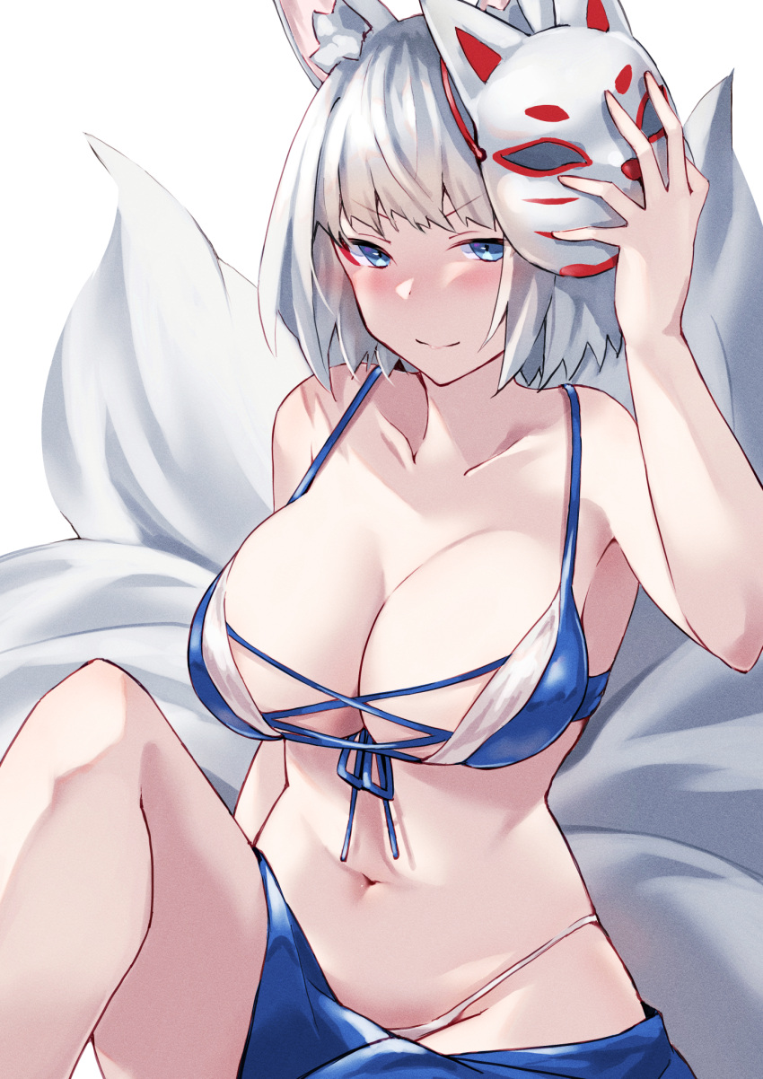 1girls 2022 alexi_oekaki animal_ears azur_lane bangs bare_arms bikini blue_bikini blue_sarong blush breasts cleavage closed_mouth female female_focus female_only fox_ears fox_girl fox_mask fox_tail highres kaga_(azur_lane) kaga_(everlasting_killing_stone)_(azur_lane) large_breasts light-skinned_female light_skin looking_at_viewer mask multiple_tails navel official_alternate_costume sakura_empire_(azur_lane) sarong simple_background sitting smile solo swimsuit tail thighs white_background white_hair