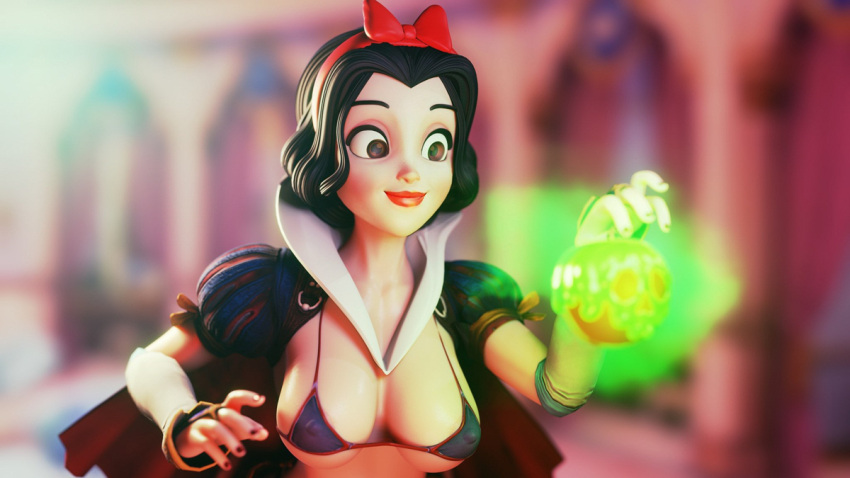 3d_(artwork) apple apple_(princess_quest) armor artist_name bikini black_hair breasts character_name clothing copyright_name crisisbeat disney disney_princess magic nipples poison_apple princess_quest snow_white_(disney) snow_white_and_the_seven_dwarfs solo_female teenager