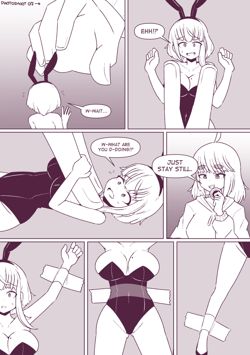 2girls breasts bunny_girl bunnysuit comic comic_page dialogue english english_dialogue female female_only giantess huge_breasts inksgirls macro_female micro_female micro_on_macro mole_on_breast monochrome original original_character page_7 pinned pinned_down short_hair shrinking shrunk shrunken_woman yuri