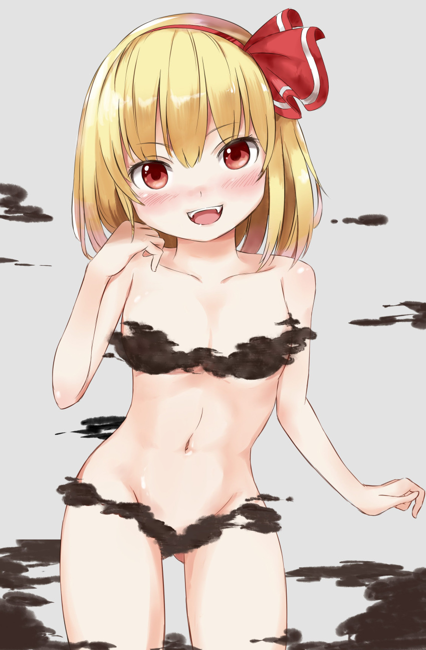 1girls blonde_hair blush convenient_censoring looking_at_viewer naked navel open_mouth red_ribbon ribbon rumia sharp_teeth short_hair smile smiling smiling_at_viewer solo solo_female tagme techi_(techi35499) touhou