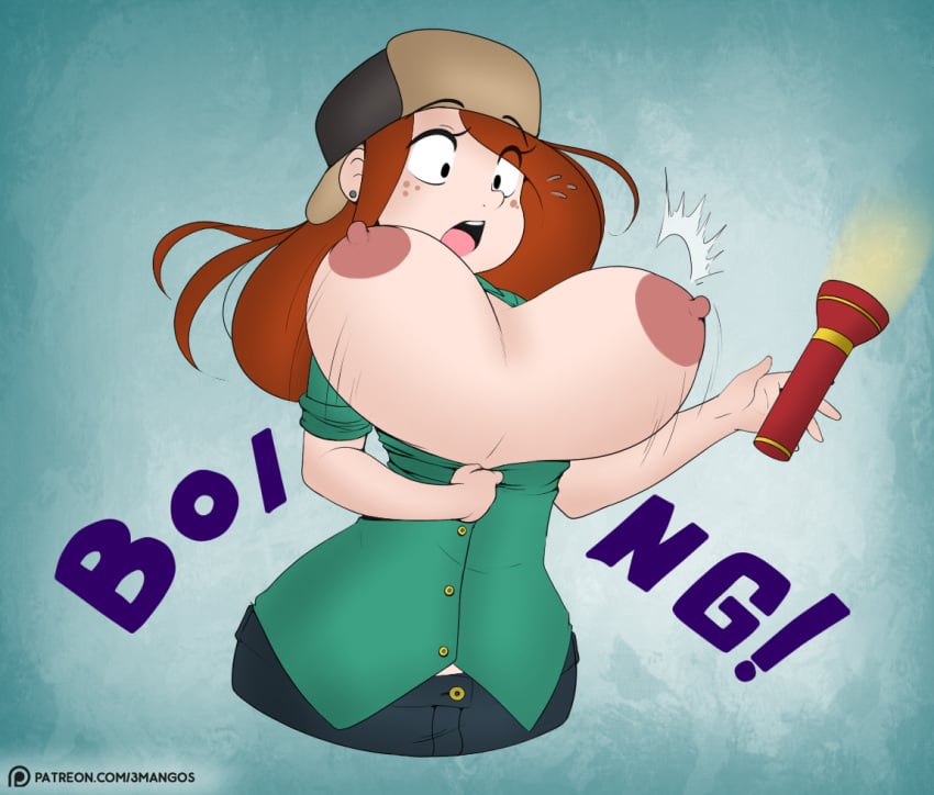 1girls 2015 3mangos bouncing_breasts breast_expansion breasts clothing crystal_flashlight disney female female_only freckles gravity_falls hat huge_breasts human human_only krimreaper long_hair nipples open_mouth open_shirt pants recolor shirt sketch smooth_skin solo text ushanka wendy_corduroy