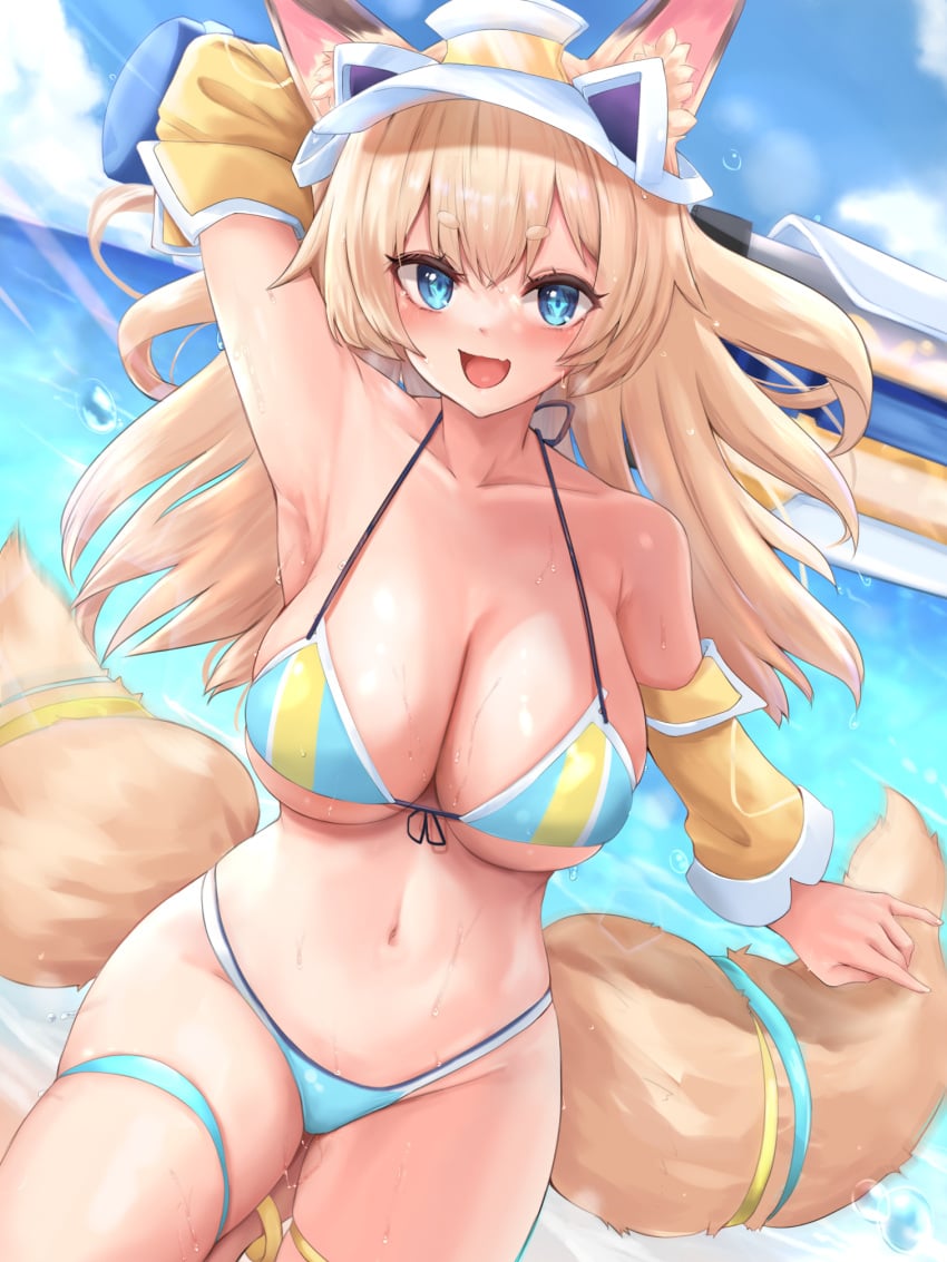 1girls 2021 2_tails :d animal_ears arm_up armpits bare_shoulders bikini blonde_hair blue_bikini blue_eyes breasts cleavage collarbone day detached_sleeves fake_animal_ears female female_focus female_only fox_ears fox_girl fox_tail front-tie_bikini front-tie_top halter_top halterneck highres holding huge_weapon inaho_(world_flipper) kitsune large_breasts long_hair looking_at_viewer multi_tail navel neneru open_mouth outdoors skin_fang skindentation smile solo solo_female stomach string_bikini swimsuit tail thick_eyebrows thigh_strap thighs visor_cap weapon wet world_flipper