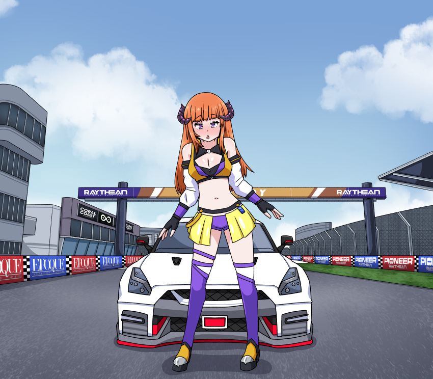 1girls arknights bagpipe_(arknights) bagpipe_(queen_no._1)_(arknights) breasts car cleavage clothing female female_only giantess growth inksgirls long_hair macro_female micro_on_macro orange_hair race_car solo solo_female thick_thighs