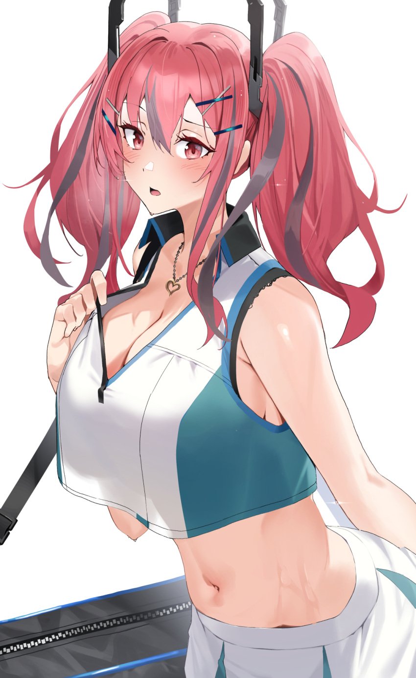 azur_lane bag breasts bremerton_(azur_lane) bremerton_(scorching-hot_training)_(azur_lane) cleavage crop_top crop_top_overhang female hair_ornament heart heart_necklace highres large_breasts multicolored_hair pink_eyes pink_hair raitho simple_background sportswear streaked_hair sweat tennis_uniform twintails two-tone_shirt two-tone_skirt white_background x_hair_ornament