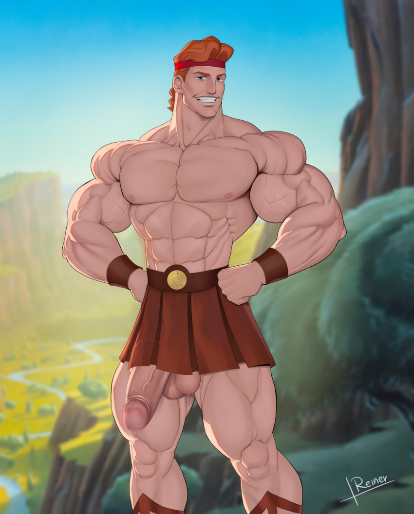 1boy abs balls ballsack blue_eyes foreskin foreskin_folds headband hercules_(character) hercules_(disney) human intact male male_nipples male_only muscles muscular_male pecs penis penis_out red_hair reiner55 retracted_foreskin scrotal_raphe scrotum semi-erect smooth_skinned_male solo testicles topless uncut veiny_penis