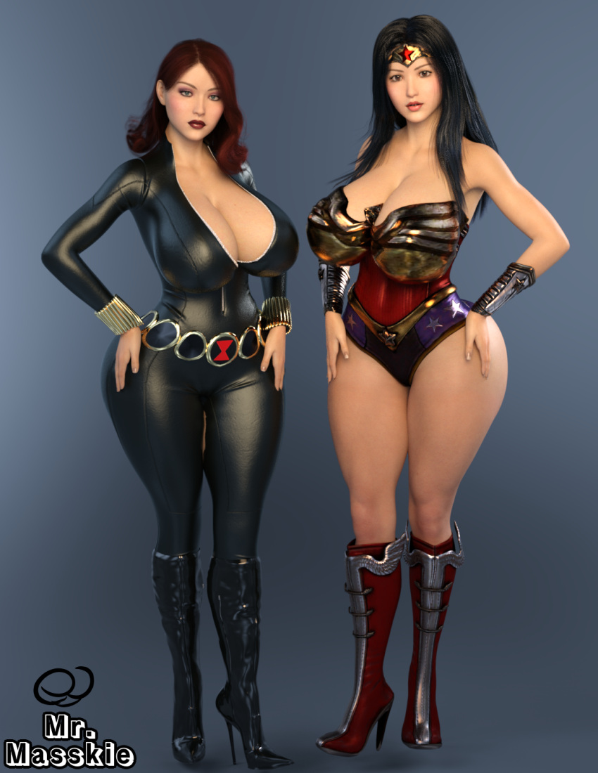 2girls 3d amazon avengers big_breasts black_hair black_widow_(marvel) bodysuit breasts_bigger_than_head brown_hair busty cleavage clothed_female crossover curvy dc dc_comics demigoddess diana_prince fat_ass female female_only fit fit_female hair heroine high_heel_boots hips hourglass_figure huge_breasts human human_only justice_league large_breasts legs light-skinned_female light_skin lips long_hair marvel marvel_comics mrmasskie natasha_romanoff princess red_hair scarlett_johansson straight_hair superheroine themysciran thick thick_legs thick_thighs thighs tight_clothing top_heavy unzipped unzipped_bodysuit voluptuous waist watermark wide_hips wonder_woman wonder_woman_(series)