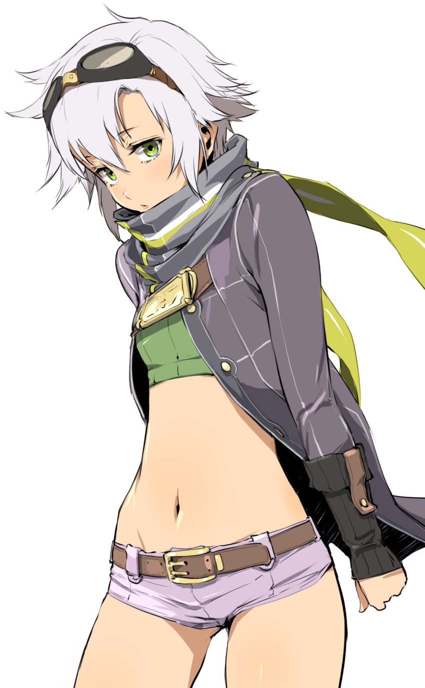 1girls belly belly_button belt coat eiyuu_densetsu enami_katsumi female female_focus female_only fie_claussell goggles goggles_on_head green_eyes groin jacket looking_at_viewer midriff navel scarf sen_no_kiseki short_hair short_shorts shorts silver_hair simple_background solo solo_female solo_focus stomach trails_of_cold_steel white_background white_hair yellow_eyes