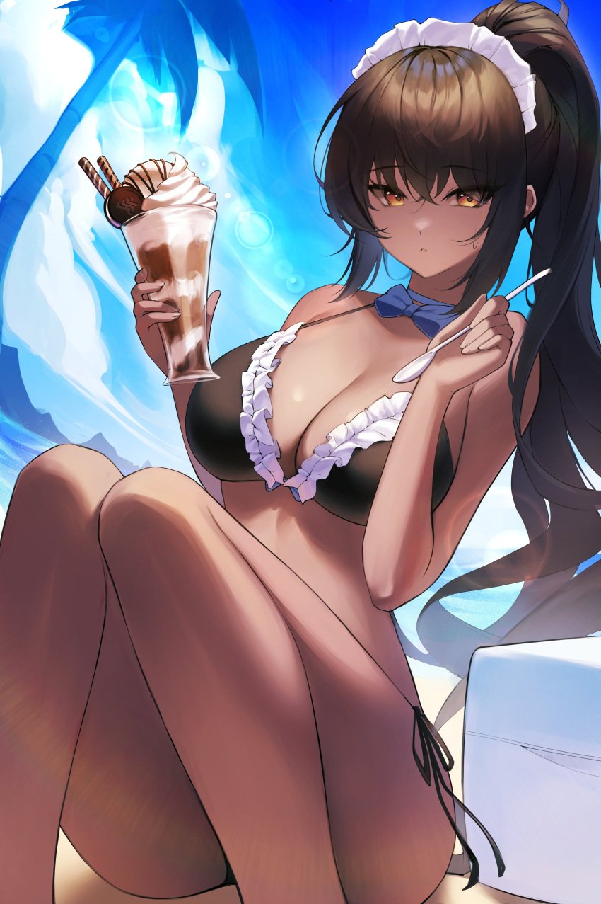 1girls 2022 absurdres ass bare_arms bare_legs bare_shoulders bikini black_bikini black_hair blue_archive blue_bow blue_choker bow breasts choker cleaning_&_clearing_(blue_archive) cleavage commentary dark-skinned_female dark_skin female female_focus female_only frilled_bikini frills halterneck highres holding karin_(blue_archive) knees_together_feet_apart knees_up large_breasts long_hair looking_at_viewer maid_bikini maid_headdress millennium_science_school_student parfait parted_lips ponytail ribbon_choker sbgu side-tie_bikini sitting solo solo_female spoon string_bikini sweatdrop swimsuit thighs very_long_hair