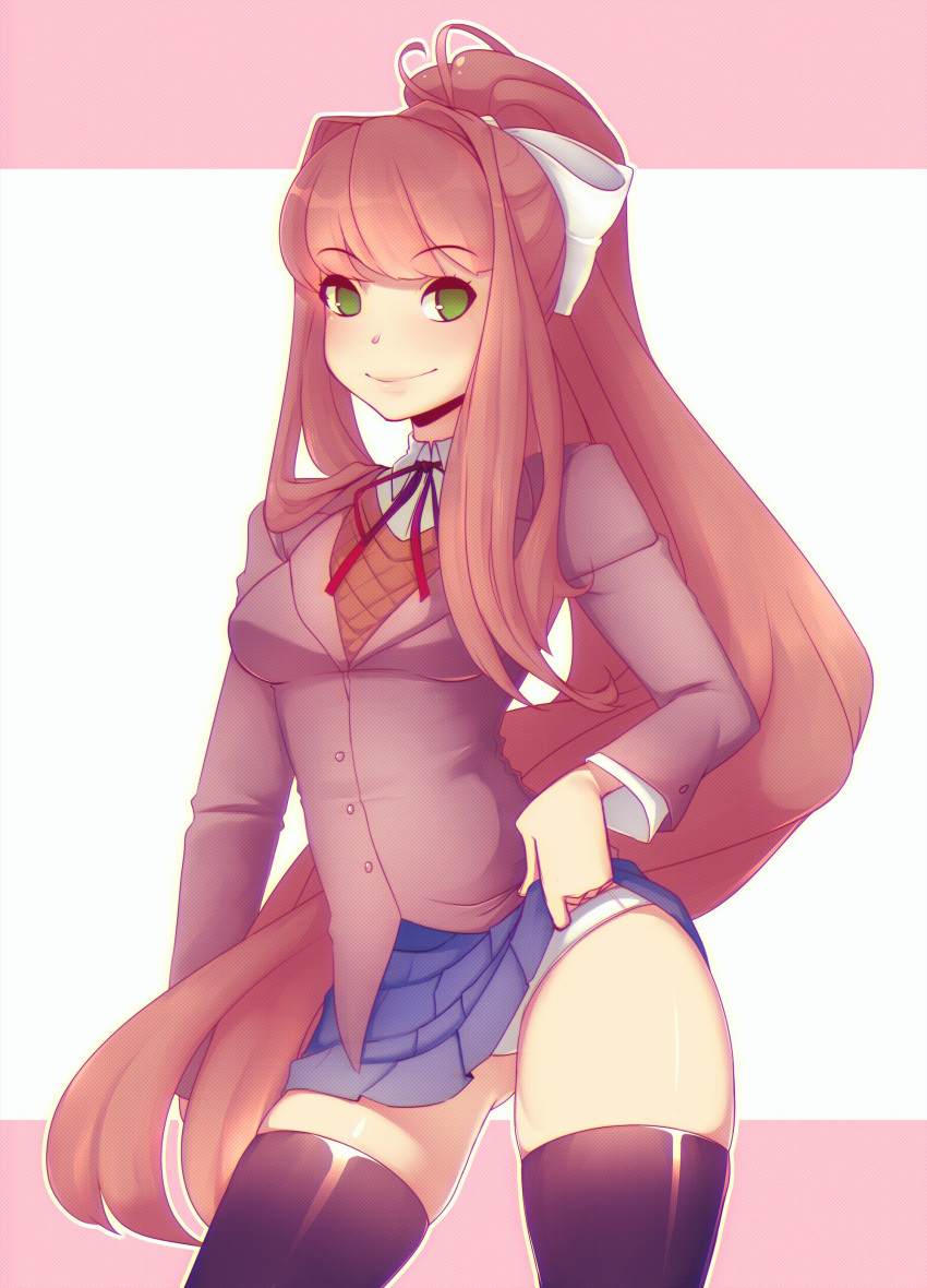 1girls ass ass_visible_through_thighs black_thighhighs blue_skirt breasts brown_hair butt clothed clothes clothing doki_doki_literature_club female green_eyes hair hair_accessory hair_ribbon long_hair monika_(doki_doki_literature_club) panties school_uniform schoolgirl skirt skirt_lift solo suelix thick_thighs thighhighs thighs white_panties