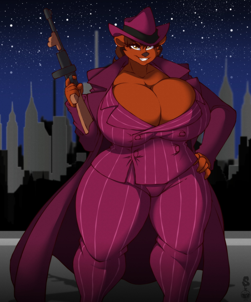 2019 absurd_res anthro barburra_h._bear_(teddogbear) big_breasts breasts brown_bear brown_body brown_fur brown_hair cleavage clothed clothing curvaceous curvy_figure detailed_background digital_drawing_(artwork) digital_media_(artwork) fedora female fingers firearm fur gun hair hand_on_hip hat headgear headwear hi_res huge_breasts looking_at_viewer mammal mob_boss mtf_crossgender night outside ranged_weapon rifle rule_63 short_hair smile solo submachine_gun superix teeth thick_thighs thompson_submachine_gun ursid ursine voluptuous watermark weapon wide_hips yellow_eyes