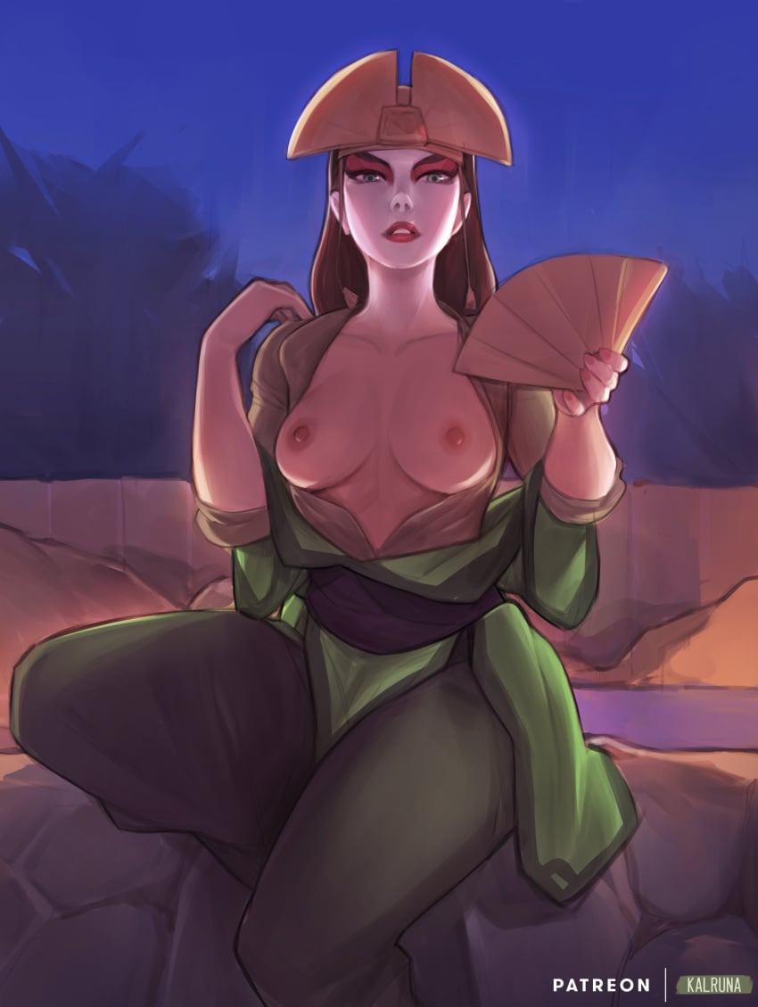 1girls areolae artist_name avatar_legends avatar_the_last_airbender blue_eyes breasts breasts_out clothed clothing earth_kingdom eyeshadow fan female female_only kalruna kyoshi lipstick looking_at_viewer makeup medium_breasts nipples patreon_username presenting_breasts solo the_avatar