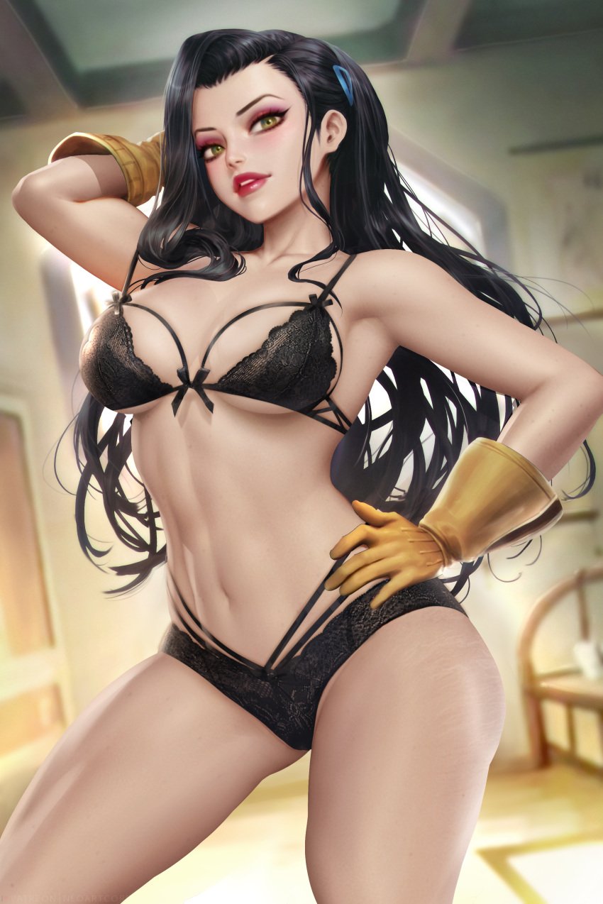 1girls abs absurd_res absurdres arm_up asami_sato avatar_the_last_airbender bare_arms bare_shoulders bare_skin bare_thighs big_breasts black_bra black_hair black_lingerie black_panties black_underwear bra breasts busty cleavage female female_focus female_only fit fit_female gloves green_eyes hand_on_hip hand_on_own_hip high_resolution highres hips large_breasts large_filesize light-skinned_female light_skin lingerie long_hair medium_breasts navel neltumo neoartcore nickelodeon nudtawut_thongmai panties picot_trim picot_trim_bra picot_trim_panties pose posing red_lips red_lipstick solo solo_female solo_focus standing stomach stretch_marks the_legend_of_korra thick_thighs thighs toned toned_body toned_female toned_stomach underwear very_high_resolution wide_hips yellow_gloves