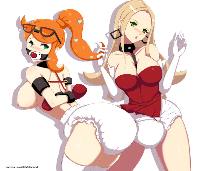 2girls arms_behind_back blonde_hair blush bondage_gloves breasts collar diaper diaper_only earrings glasses glasses_on_head green_eyes heart_hair_ornament large_breasts lilith-fetish long_hair multiple_girls oleana_(pokemon) orange_hair pacifier pacifier_gag pokemon pokemon_ss ponytail red_blouse sonia_(pokemon) white_diaper white_gloves white_stockings