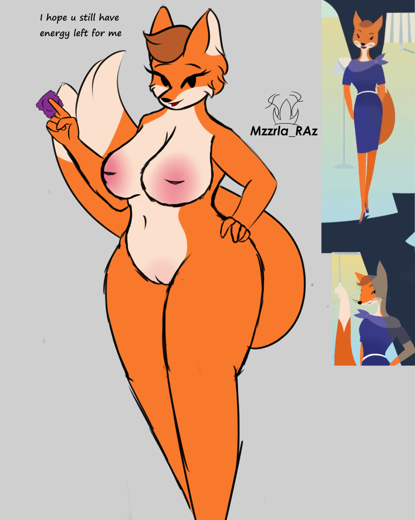 absurd_res anthro asking big_breasts breasts canid canine commercial condom digital_media_(artwork) female fox foxie_(foxie_group_pty_ltd) foxie_group_pty_ltd fur genitals hi_res holding_condom holding_object mammal mascot mzzrlaraz nipples nude orange_body orange_fur pink_nipples purple_condom pussy sexual_barrier_device simple_background solo thick_thighs