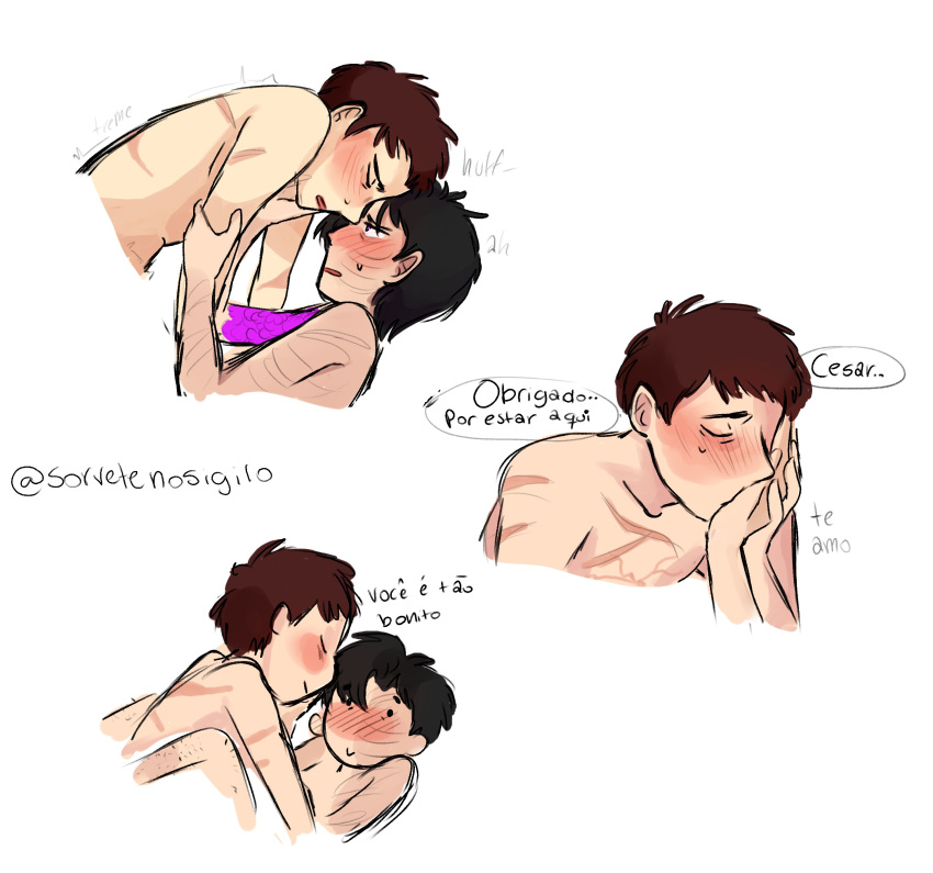 2boys black_hair boy brown_hair cesar_cohen cute desconjuração digital_media_(artwork) flushed flustered gay hand_on_arm highres joui_jouki kissing kissing kissing_hand male male_only naked nude nude_male o_segredo_na_floresta ordem_paranormal portuguese_text scar scars short_hair smile smiling sorvetenosigilo tagme tattoo text yaoi