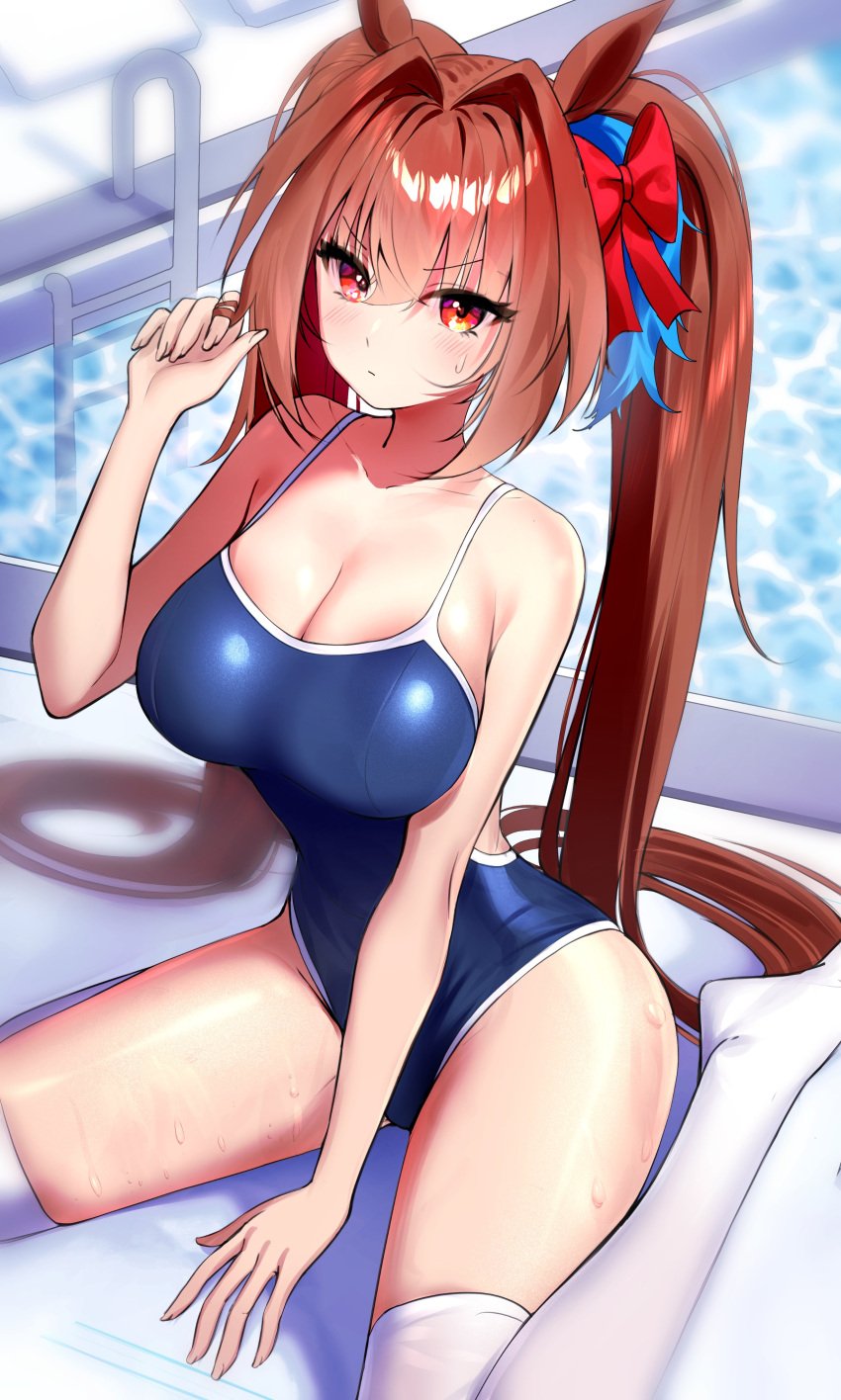 1girls 2022 absurdres animal_ears bare_arms bare_shoulders blue_swimsuit bow breasts cleavage closed_mouth collarbone daiwa_scarlet_(umamusume) female female female_focus female_only hair_intakes hairbow hand_up highres horse_ears large_breasts long_hair looking_at_viewer no_shoes one-piece_swimsuit poolside red_eyes sbgu solo solo_female spaghetti_strap sweatdrop swimsuit thighhighs thighs twintails umamusume v-shaped_eyebrows very_long_hair wet white_thighhighs