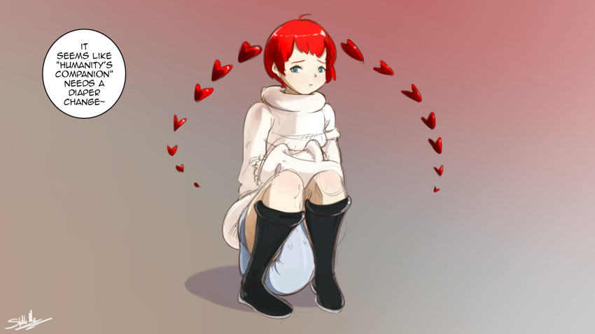 arms_crossed black_boots crouching diaper female heart_hair persona persona_5 persona_5_scramble:_the_phantom_strikers red_hair sketchmandl sophia_(persona_5) text text_bubble twintails white_diaper white_sweater