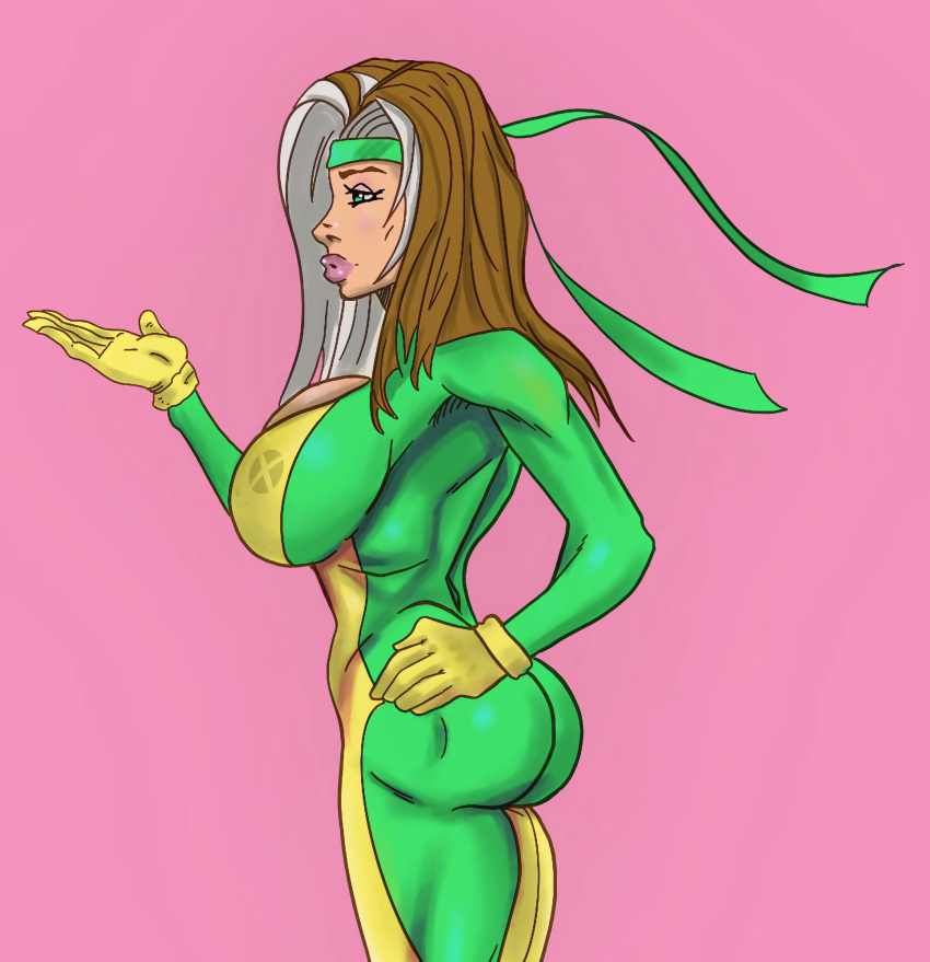 1girls 2d 2d_(artwork) anna_marie big_ass big_breasts big_butt bimbo bimbo_lips blowing_kiss breasts busty female female_only green_eyes hand_on_hip happy headband holding_hip huge_breasts john_persons long_hair looking_to_the_side marvel marvel_comics muscular muscular_ass muscular_back muscular_female rogue_(x-men) sideview solo thighs tight_clothing tight_fit x-men