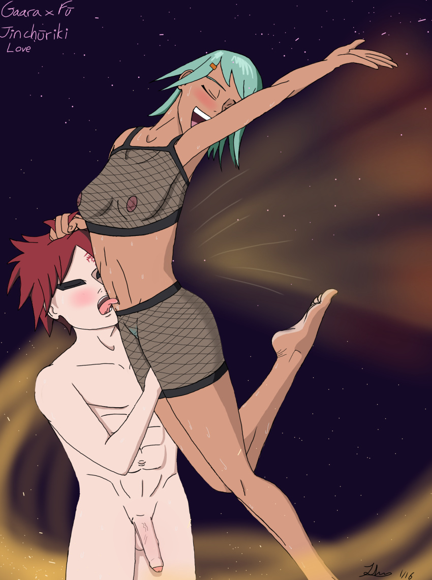 1boy 1girls blush breasts closed_eyes clothed_female_nude_male crop_top dark-skinned_female dark_skin female flying fuu_(naruto) gaara green_hair human interracial licking licking_belly light-skinned_male light_skin long_hair male male/female meiterumiisfine mesh naked naruto naruto_(series) naruto_shippuden nipples no_bra no_panties no_underwear penis pubic_hair red_hair revealing_clothes see-through see-through_clothing short_hair shorts smile straight wings