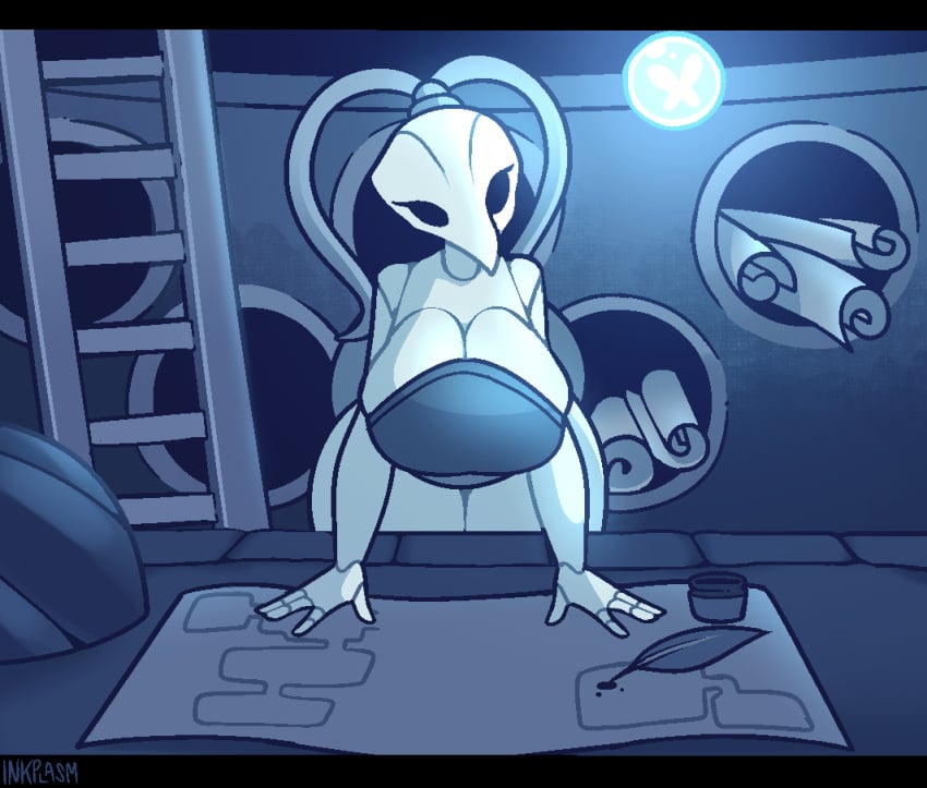 big_breasts blue_light cleavage cleavage_overflow hands_on_table hollow_knight ink inkplasm insect_girl insects iselda_(hollow_knight) leaning_forward paper table welwraith