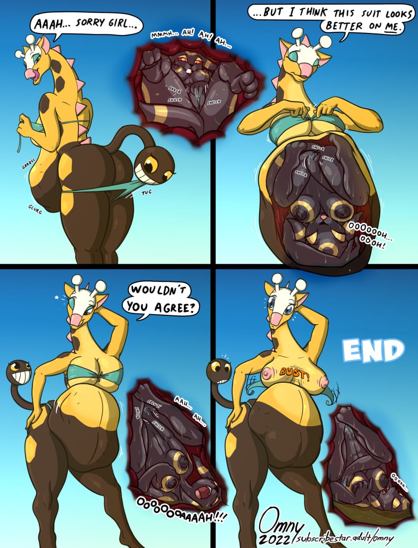 anthro ass big_breasts big_butt bikini bodily_fluids breast_squeeze breasts bursting_out_of_clothing clothing clothing_theft comic dialogue eeveelution english_text female female/female female_pred female_prey girafarig hi_res holding_breast imminent_digestion internal large_breasts licking licking_lips long_neck masturbation nintendo omny87 oral_vore organs pokémon_(species) pokemon pokemon_(species) speech_bubble stomach stomach_acid swimsuit swimwear tail_mouth talking_to_another text tongue tongue_out umbreon unusual_anatomy unusual_tail video_games vore willing_prey x-ray