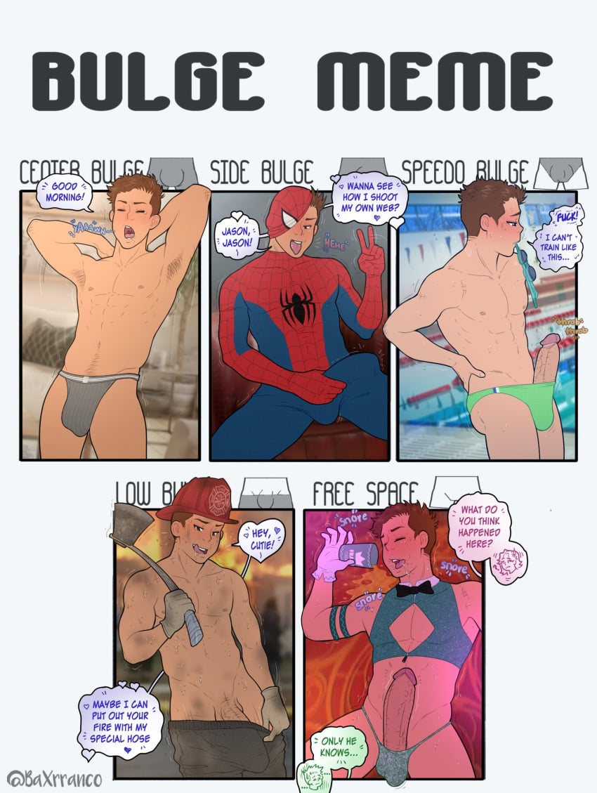 alex_walker armpits baxrranco boner bulge crop_top dialogue dirty erect_penis erect_while_sleeping erection firefighter firefighter_uniform hard_on jockstrap male_only marvel meme penis_out posing sleeping speedo spider-man_(cosplay) teasing teen_boy twitter_user_oc uncut veiny_penis