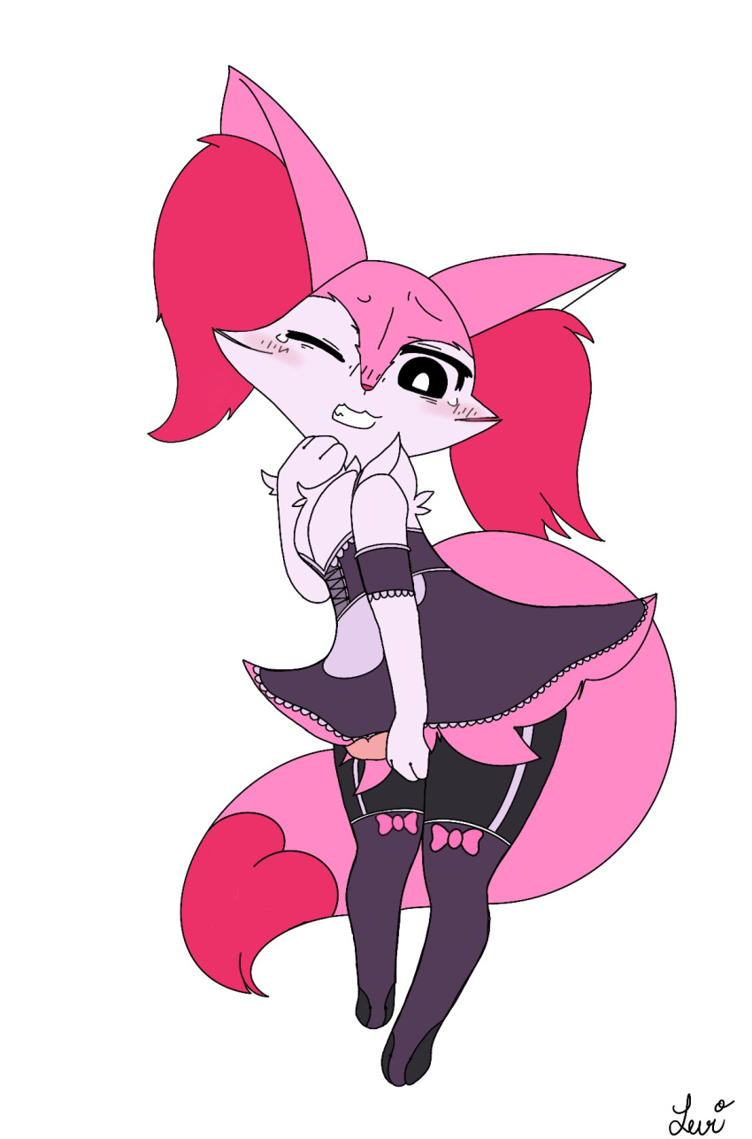 anthro braixen clothing erection fluffy fluffy_tail fur girly hi_res inner_ear_fluff knot legwear leviturtle0707 maid_uniform male male_only nintendo pink_body pink_fur pokémon_(species) pokemon pokemon_(species) purple_eyes rex_the_braixen_maid simple_background solo thigh_highs tuft uniform unwanted_erection video_games