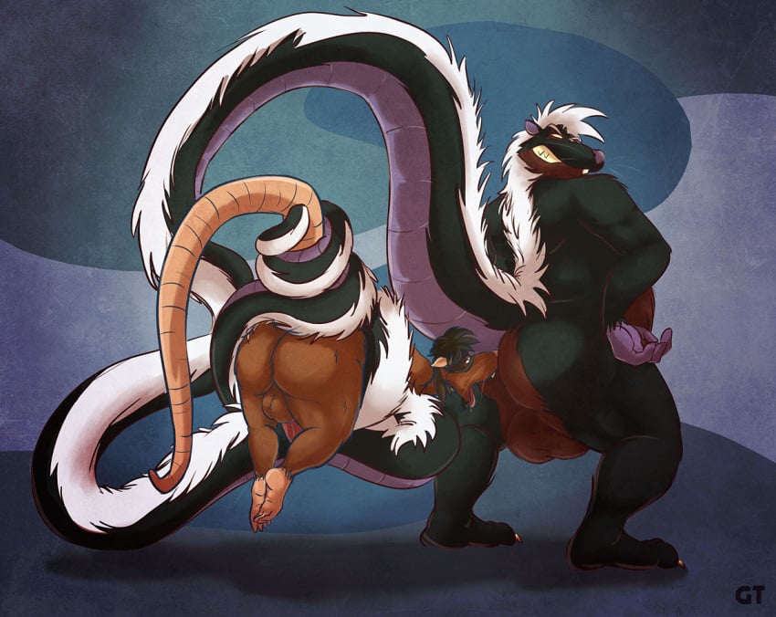 anthro ass balls big_balls big_butt black_body black_fur brown_body brown_fur chubby_anthro chubby_male clenched_teeth coiling duo frown fur genitals gtskunkrat gtskunkrat_(character) hair hand_on_hip huge_balls hybrid long_tail looking_back male male/male mammal mask mephitid murid murine purple_inner_ear purple_nose rat rodent scowl signature skunk slightly_chubby teeth tongue tongue_out white_body white_fur white_hair