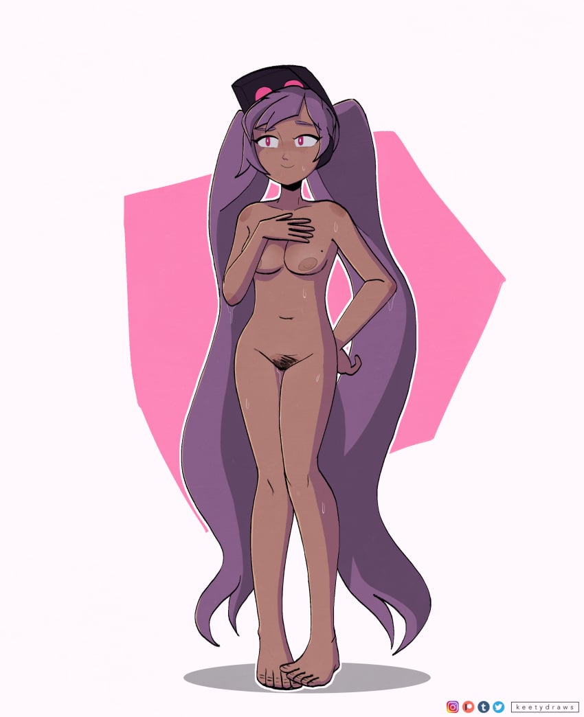 1girls areolae breasts covering_breasts entrapta keetydraws kt-draws nipples pubic_hair purple_hair pussy red_eyes she-ra_and_the_princesses_of_power small_breasts smile solo sweat twintails