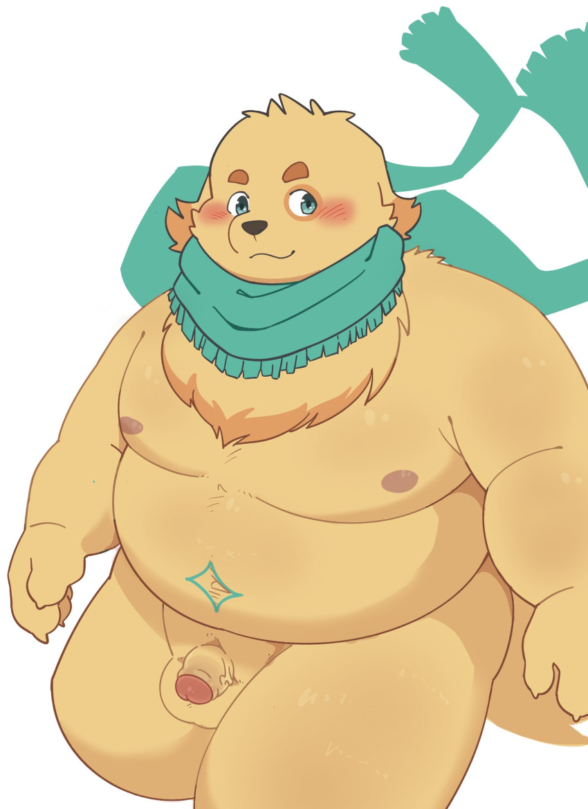 2022 anthro balls belly big_belly black_nose blush canid canine canis cu_sith_(tokyo_afterschool_summoners) domestic_dog genitals haoming hi_res humanoid_genitalia humanoid_hands humanoid_penis kemono lifewonders male male_only mammal moobs nipples overweight overweight_male penis scarf simple_background solo solo_male tokyo_afterschool_summoners video_games