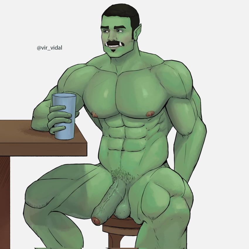 1boy fangs flaccid green-skinned_male green_skin hard_on male male_only muscles muscular muscular_male mythical nude orc orc_male orctober solo solo_male spread_legs uncut veiny_penis vir_vidal