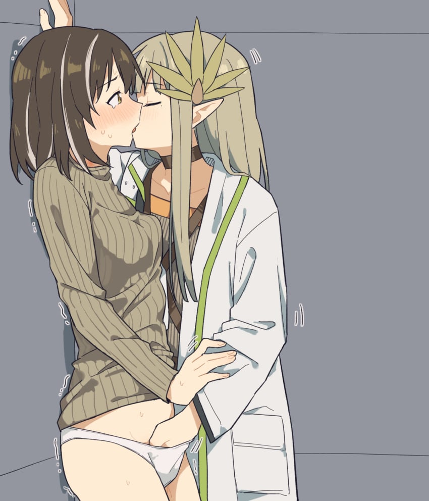 2girls arknights blush brown_eyes brown_hair closed_eyes coldcat. commentary_request fingering fingering_partner french_kiss hand_in_another's_panties hand_in_panties headdress highres kabedon kissing light_brown_hair magallan_(arknights) mole mole_under_eye muelsyse_(arknights) multiple_girls panties pointy_ears second-party_source sweat underwear yuri