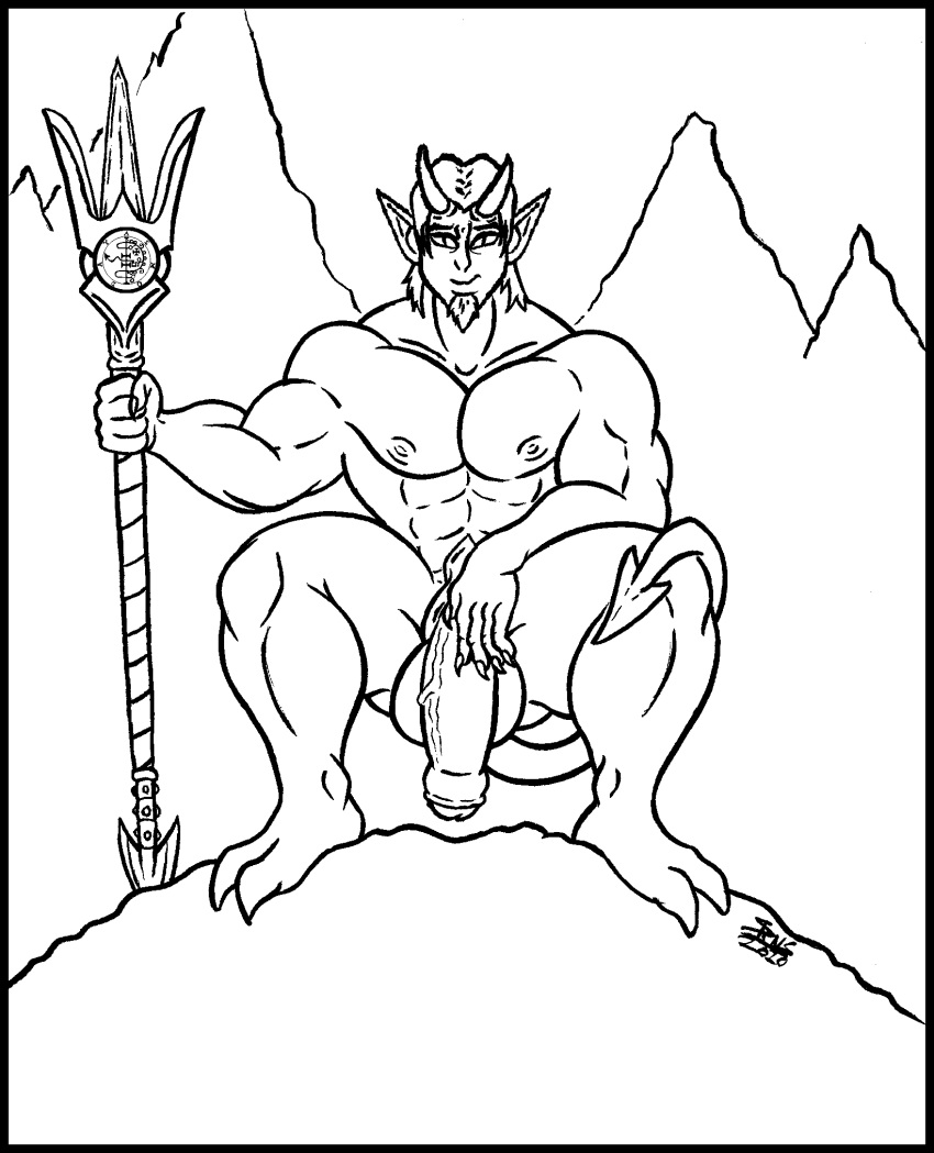 accessory balls big_balls big_penis caleb_(skianous) cock_ring crouching demon genitals hell hi_res horn huge_balls huge_cock jewelry looking_at_viewer male male_only melee_weapon muscular penis penis_accessory penis_jewelry pitchfork pointed_tail polearm sigil_of_asmodeus skianous solo solo_focus tools trident uncut weapon