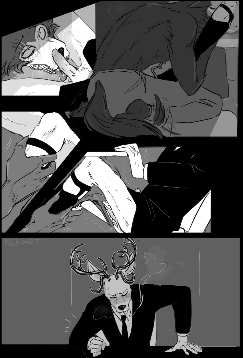 absurd_res anthro anthro_on_anthro beastars bottomless business_suit canid canine canis cervid cervine cigarette clothed clothing comic duo erection fellatio genitals greyscale hi_res interspecies legoshi_(beastars) louis_(beastars) male male/male male_only mammal monochrome necktie nekokat42 oral penile penis predator/prey red_deer scar sex smoking suit topless under_the_table wolf