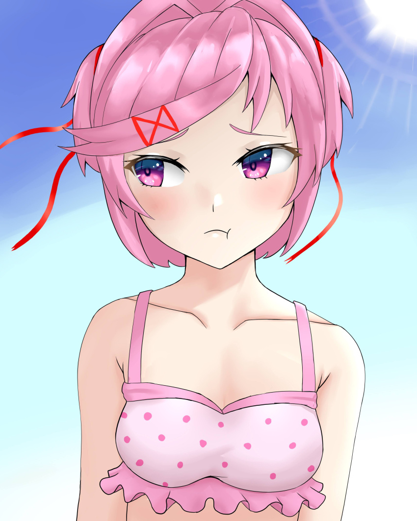 1girls 2022 :t bikini bikini_top blush doki_doki_literature_club eiji_zatsu female female_only natsuki_(doki_doki_literature_club) pink_bikini pink_bikini_top pink_eyes pink_hair pout sun