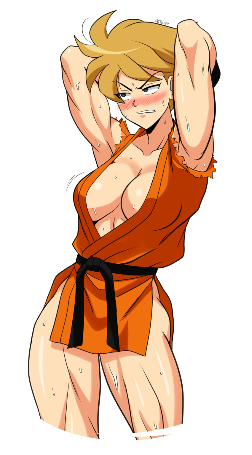 1girls alternate_version_available art_of_fighting blonde_female blush breasts cleavage embarrassed female female_only genderswap_(mtf) karate_gi king_of_fighters large_breasts mergeritter rule_63 ryo_sakazaki skimpy_clothes snk solo stretching