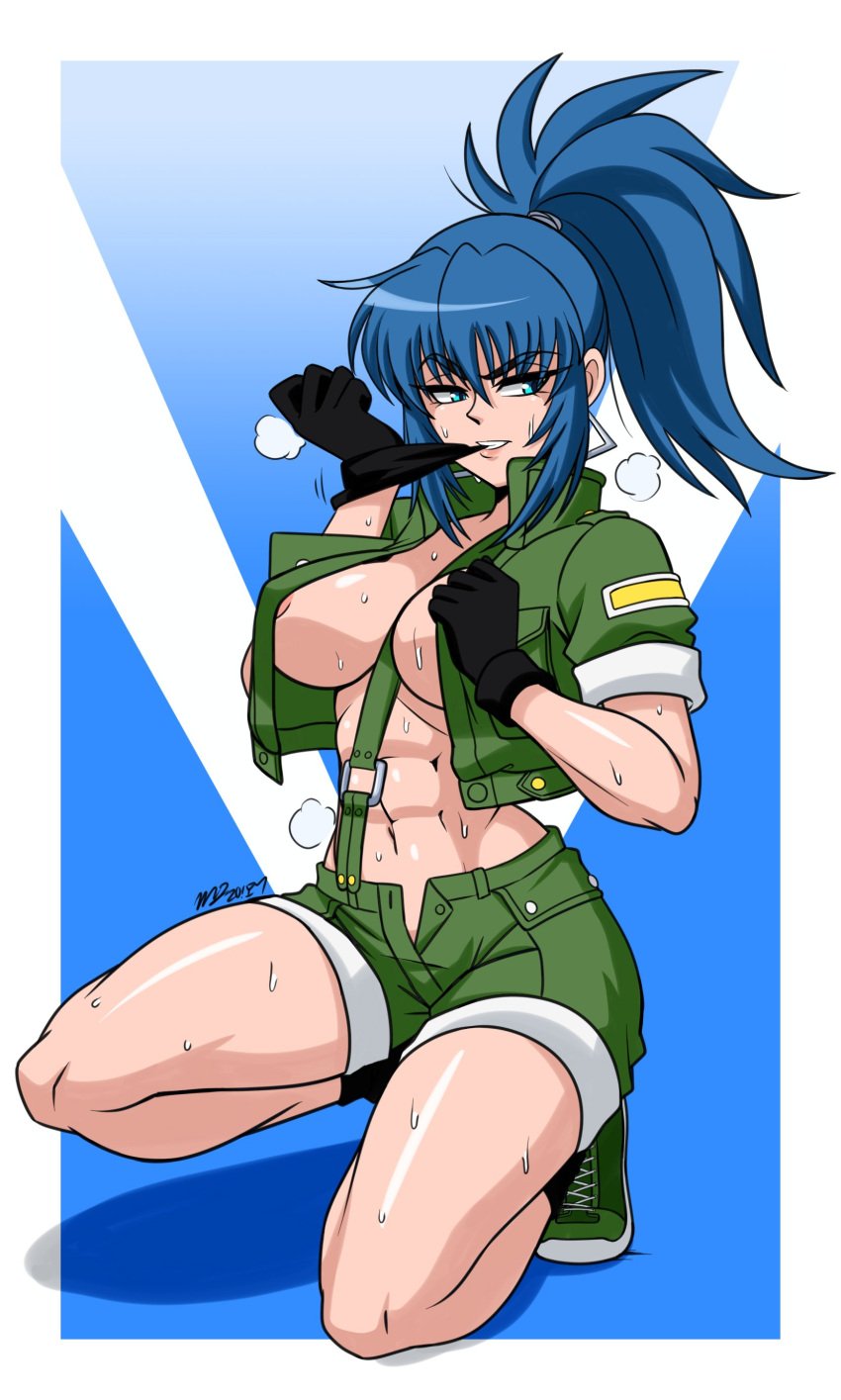 abs alternate_version_available breasts gloves ikari_warriors king_of_fighters large_breasts leona_heidern mergeritter nipple_slip nipples open_clothes snk solo sweat