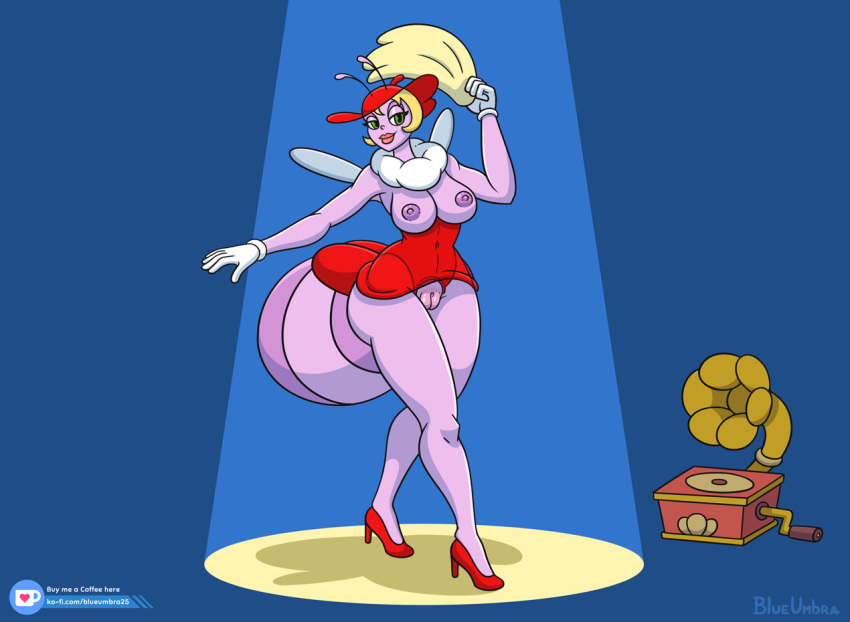 1girls antennae_(anatomy) anthro arthropod blonde_hair blue_background blueumbra clothing cuphead_(game) dancing dress eyelashes female female_only footwear gloves green_eyes hair handwear hat headgear headwear high_heels humanoid insects light_bug_(cuphead) lips naked navel nude purple_body purple_skin reddress shoes signature simple_background solo solo_female spotlight thick_lips toony translucent translucent_clothing video_games watermark wings